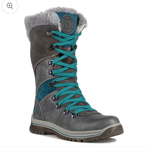 Santana Canada Marinda Lace Up Faux Fur All Weather Boots Gray Teal Size 11 NWOB - Picture 1 of 16